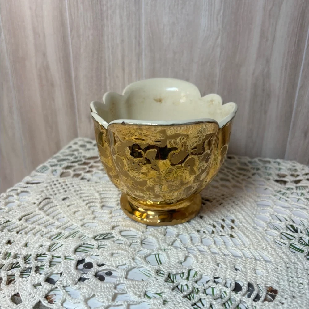 Vintage 24K Plated Weeping Gold Pedestal Bowl Art Vase MCM 50s-60s Made in USA
